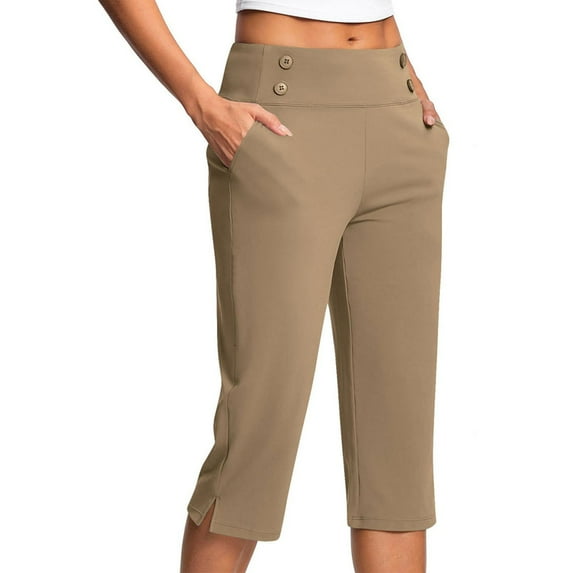 HEILAU Dressy Capri Pants for Women High Waisted Work Casual Cropped Pants Summer Slacks Stretch Dress Pants with Pockets, S-5XL Khaki