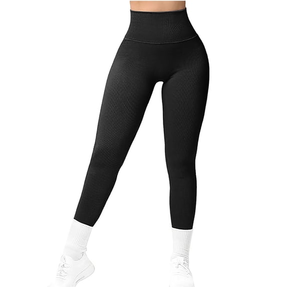 HEILAU High Waisted Leggings for Women Knitted Rib Peach Hip V Waist High Stretch Yoga Pants Leggings for Women Tummy Control Black L