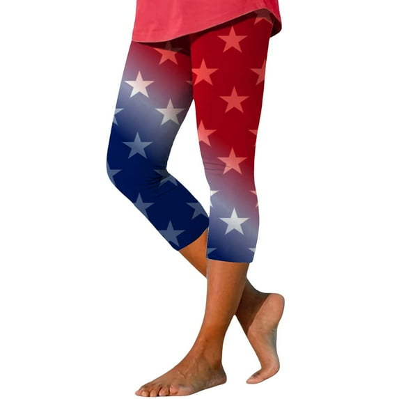 HEILAU Indenpendence Day Capri Leggings for Women American Flag Printed 4th Of July Capris Classic Print Yoga Running Pants Soft Tights Summer Capris
