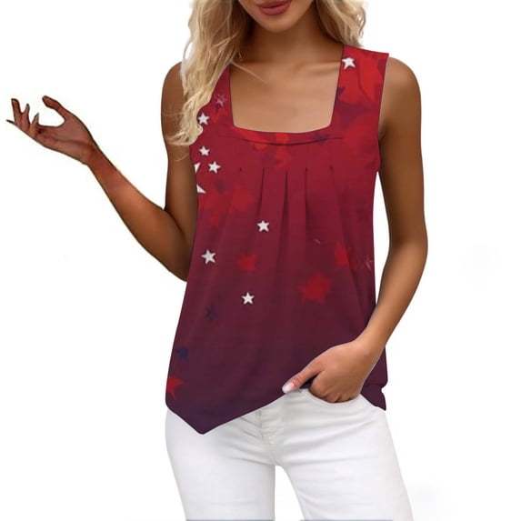 HEILAU Independence Day Shirts for Women American Flag Graphic Tees Sleeveless Tank Top Vest Ruffled Square Neck Printed Shirt 2025 Summer Casual Loose Cute T Shirt Summer Tops