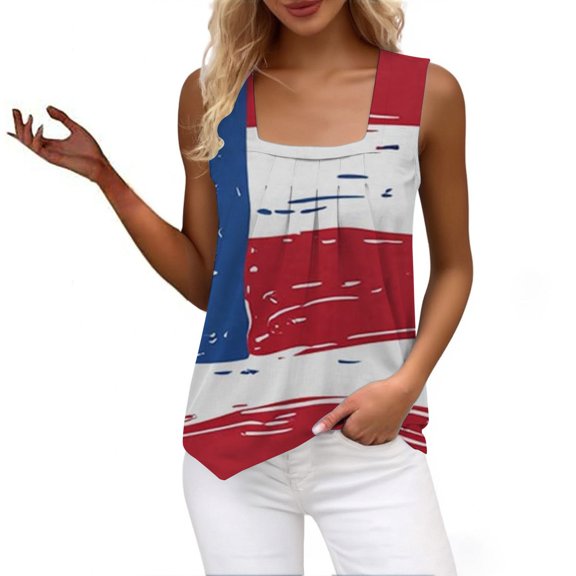 HEILAU Independence Day Shirts for Women American Flag Graphic Tees Vest Ruffled Square Neck Printed Shirt 2025 Summer Casual Loose Sleeveless Cute T Shirt Summer Tank Top