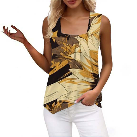 HEILAU Independence Day Shirts for Women American Flag Graphic Tees Vest Ruffled Square Neck Printed Shirt 2025 Summer Casual Loose Sleeveless Cute T Shirt Summer Tank Top