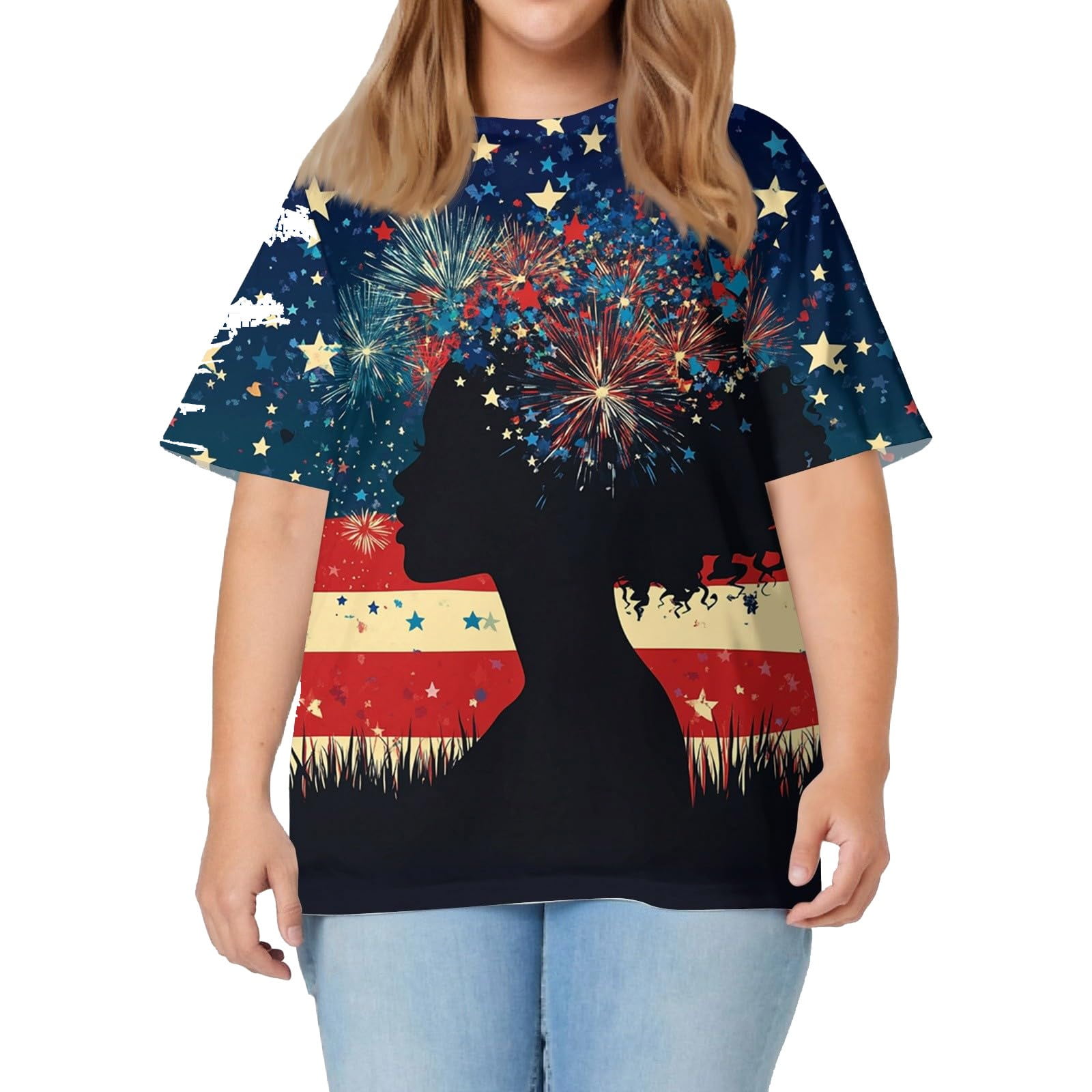 Women's Plus Size American Flag T-Shirt - 4th Of July Patriotic Graphic Tee, Oversized Fit, Red, 3XL