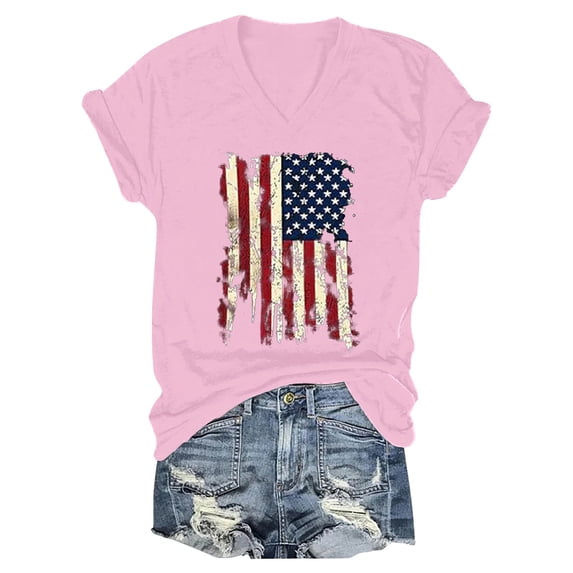HEILAU Independence Day Shirts for Women American Flag Graphic Summer Tops Short Sleeve V Neck Patriotic T Shirt