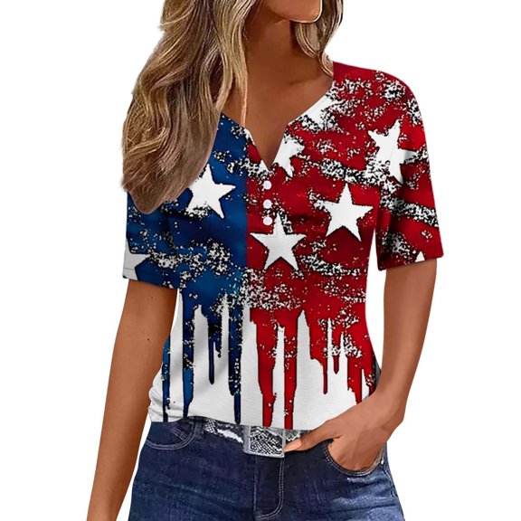 HEILAU Independence Day Shirts for Women American Flag Graphic Tees 4Th Of July V Neck 2025 Button Short Sleeve Summer Patriotic Tops