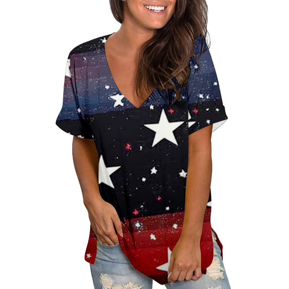 HEILAU Independence Day Shirts for Women American Flag Graphic Tees Summer Tops Short Sleeve V Neck T Shirt Print Side Slit Tunic Patriotic Tops