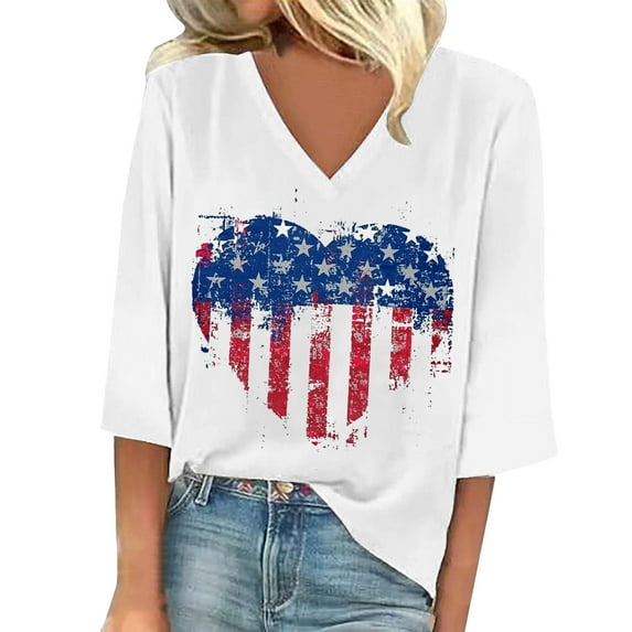 HEILAU Independence Day Shirts for Women Plus Size V Neck American Flag Graphic Tees Loose Fit Casual 3/4 Sleeve T Shirts Patriotic Tops