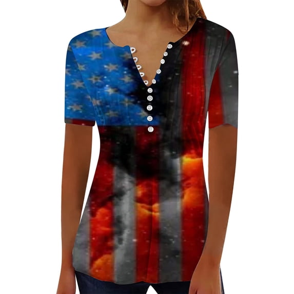 HEILAU Memorial Day Shirts for Women American Flag Graphic Tees Shirt Summer Chest Button Pushing Casual Short Sleeve T Shirt Top Patriotic Tops