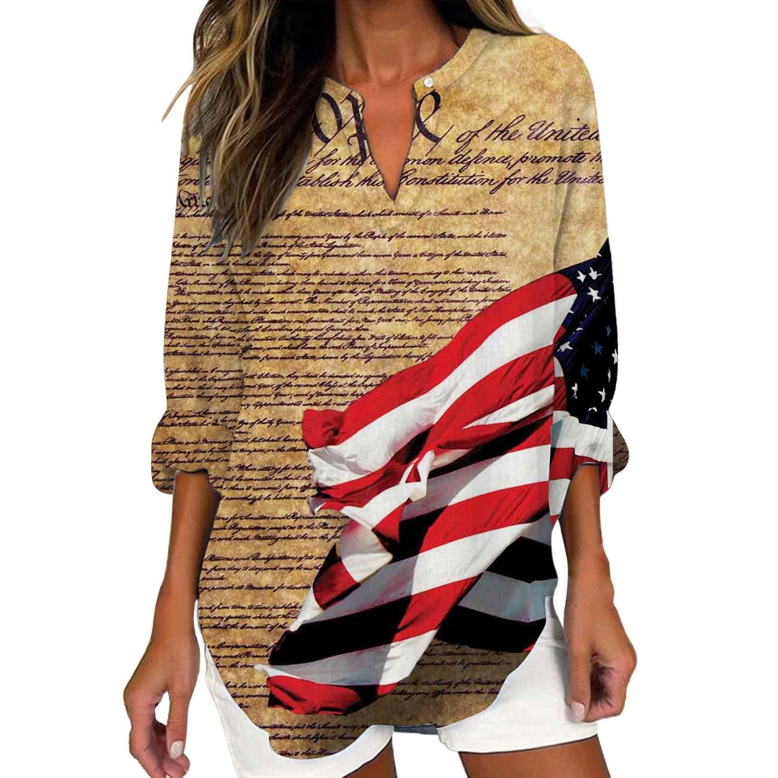 HEILAU Memorial Day Shirts for Women Long Sleeve Linen Tops American ...