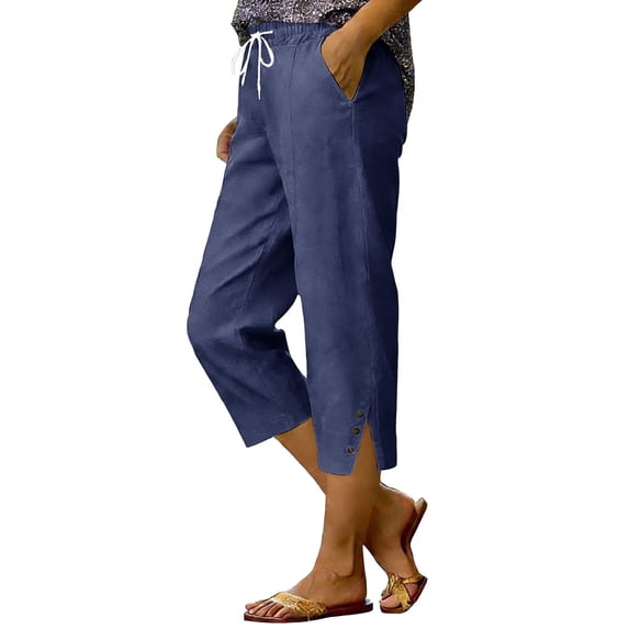 HEILAU Women's Casual Pants Fashion Cotton Linen Button Slit Solid Color Cropped Pants Womens Sweatpants Navy 2XL