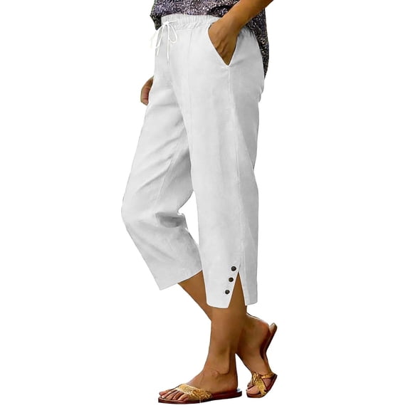 HEILAU Women's Casual Pants Fashion Cotton Linen Button Slit Solid Color Cropped Pants Womens Sweatpants White M