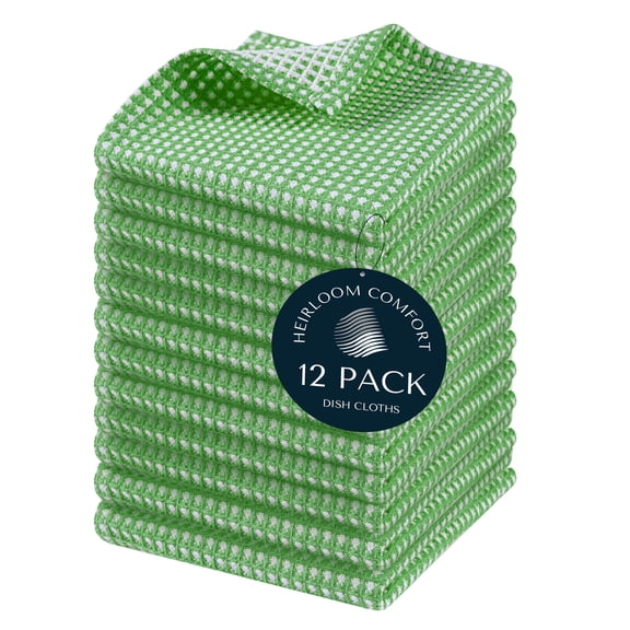 HEIRLOOM COMFORT 100% Cotton Kitchen Dishcloths Set of 12, Dual Tone Waffle Weave, Soft, Quick Drying, Absorbent & Reusable Dish Cloths, Washing & Cleaning Kitchen Towels, 12"x12", Green