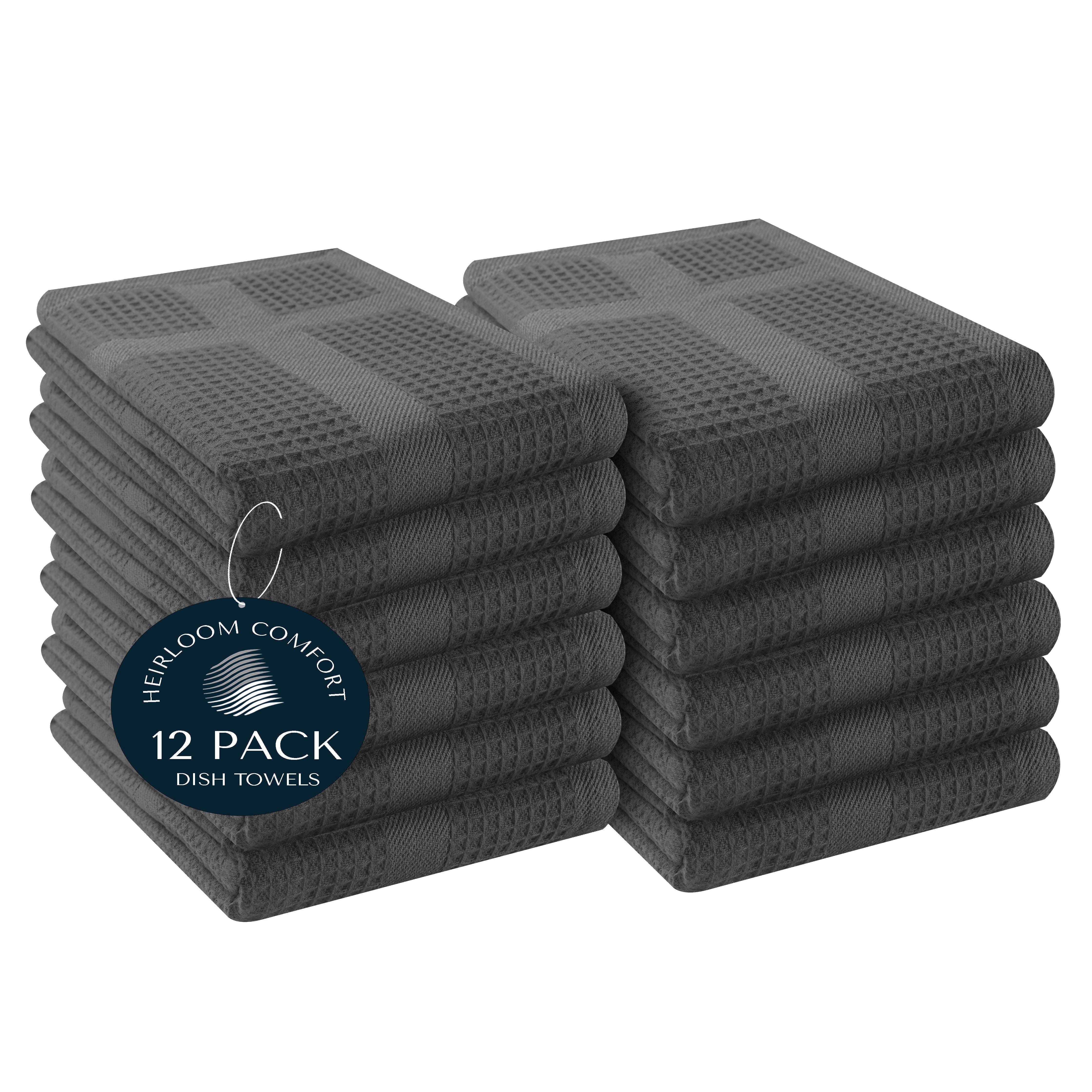 HEIRLOOM COMFORT 100% Cotton Kitchen Towels, 16"x26", 12 Pack, Waffle Weave, Absorbent, Fast Drying Dishcloth Set for Cleaning, Hand Towels, Dish Rags, Wash Cloth, Durable, Machine Washable, Gray