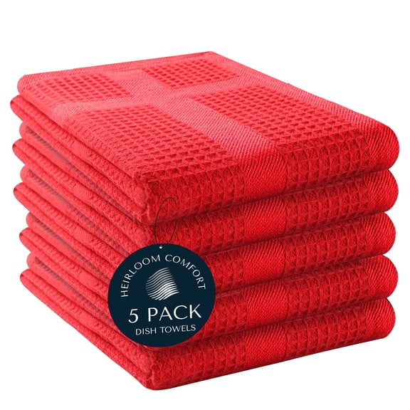 HEIRLOOM COMFORT 100% Cotton Kitchen Towels, 16"x26", 5 Pack, Waffle Weave, Absorbent, Fast Drying Dishcloth Set for Cleaning, Hand Towels, Dish Rags, Wash Cloth, Durable, Machine Washable, Red