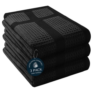 HEIRLOOM COMFORT 100% Cotton Kitchen Towels Set of 3, Waffle Weave, Soft, Quick Drying, Absorbent & Reusable Dish Cloths, Washing & Cleaning Rags, 16" x 26", Black