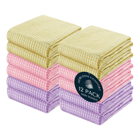 HEIRLOOM COMFORT 12 Pack 100% Cotton Multi Dual Waffle Weave Kitchen Towels, 16x26 Inch, Super Absorbent, Quick Dry Towel Set, Soft Hand Towels for Cleaning, Durable - Lemon Yellow, Pink, Lavender
