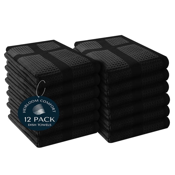HEIRLOOM COMFORT 100% Cotton Kitchen Towels Set of 12, Waffle Weave, Soft, Quick Drying, Absorbent & Reusable Dish Cloths, Washing & Cleaning Rags, 16" x 26", Black