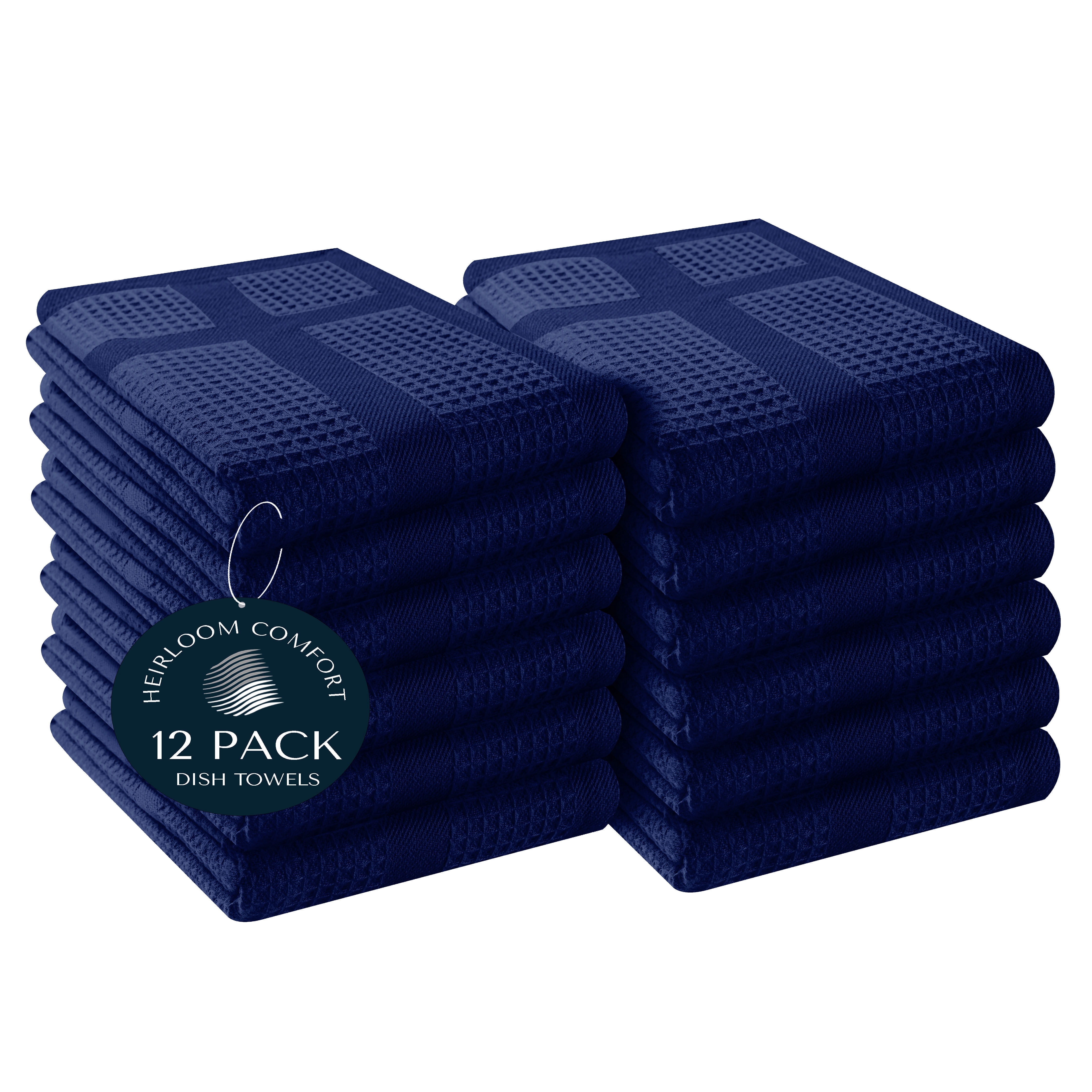 HEIRLOOM COMFORT 12 Pack Blue Waffle Weave Kitchen Towels, 16x26 Inches, 100% Cotton Dishcloth Set, Super Absorbent, Quick Dry, Soft Hand Towels for Drying Dishes, Cleaning, Durable, Indigo Blue