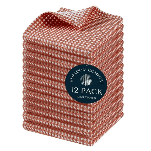HEIRLOOM COMFORT 12 Pack Dual Tone Reversible Waffle Weave Dish Cloth, 12x12 Inch, 100% Cotton, Absorbent Dishcloth Set, Quick Drying, Durable for Cleaning, Wiping, Machine Washable, Rust