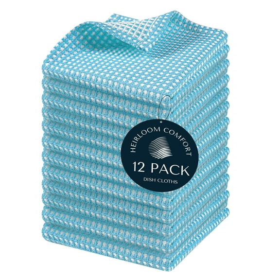 HEIRLOOM COMFORT 12 Pack Dual Tone Waffle Weave Dish Cloth, 12x12 Inches, 100% Cotton, Super Absorbent, Fast Dry, Durable Dishcloth Set, Soft Hand Towels, Cleaning, Machine Washable, Aqua Blue