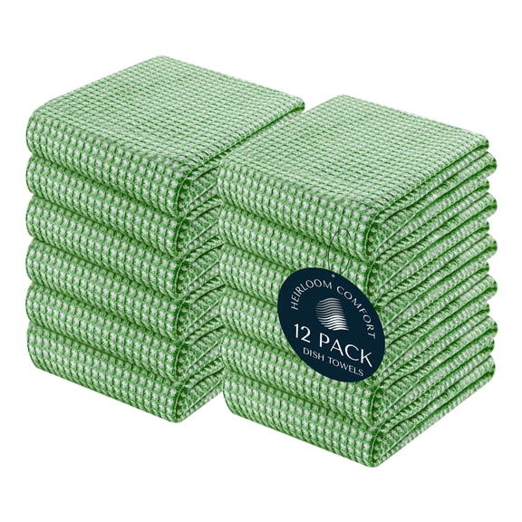 HEIRLOOM COMFORT 12 Pack Dual Tone Waffle Weave Kitchen Towels, 16x26 Inches, 100% Cotton Dishcloth Set, Super Absorbent, Quick Drying, Soft Hand Towels for Cleaning, Washing, Durable, Mint Green
