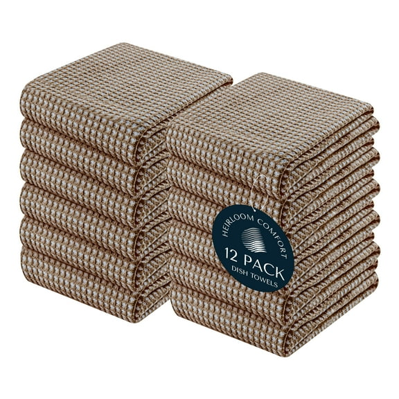 HEIRLOOM COMFORT 12 Pack Dual Waffle Weave Kitchen Towels, 100% Cotton, 16"x26", Super Absorbent, Quick Dry Dishcloth Set with Hanging Loop, Soft for Cleaning, Drying Dishes, Hand Towels, Brown