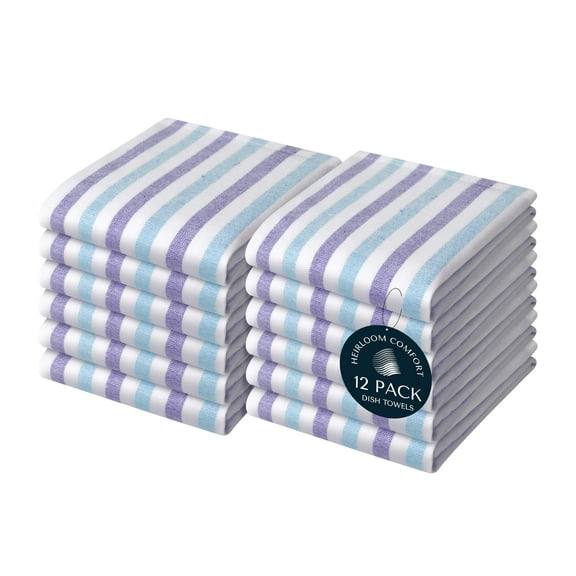 HEIRLOOM COMFORT 12 Pack Fiesta Stripe Kitchen Towels, 18x26 Inch, 100% Cotton, Lint-Free, Absorbent & Washable Dish Towels for Drying Dishes, Everyday Kitchen Use, Multicolor Blue Stripes