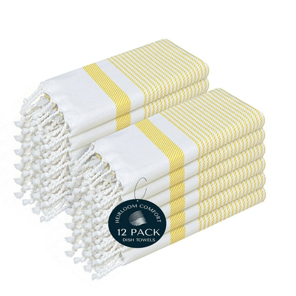 HEIRLOOM COMFORT 12 Pack Lemon Yellow Turkish Kitchen Towels 16"x26", 100% Cotton, Ultra Absorbent, Soft, Quick Dry, Washable, Dish Tea Towel with Tassels for Drying Dishes, Cleaning, Kitchen Use