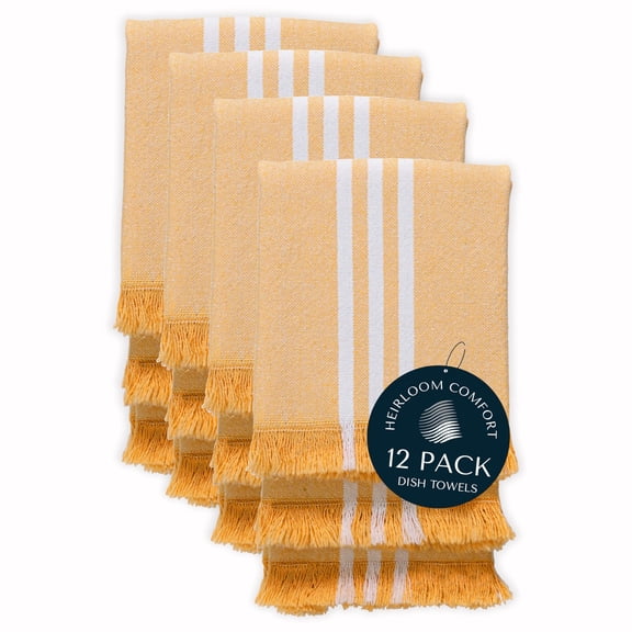 HEIRLOOM COMFORT 12 Pack Monochrome Stripe Dish Towels with Fringes, 16x26 Inch, 100% Cotton, Ultra Absorbent & Reusable, Quick Drying Kitchen Towels for Cleaning, Cooking, Drying, Mustard Yellow
