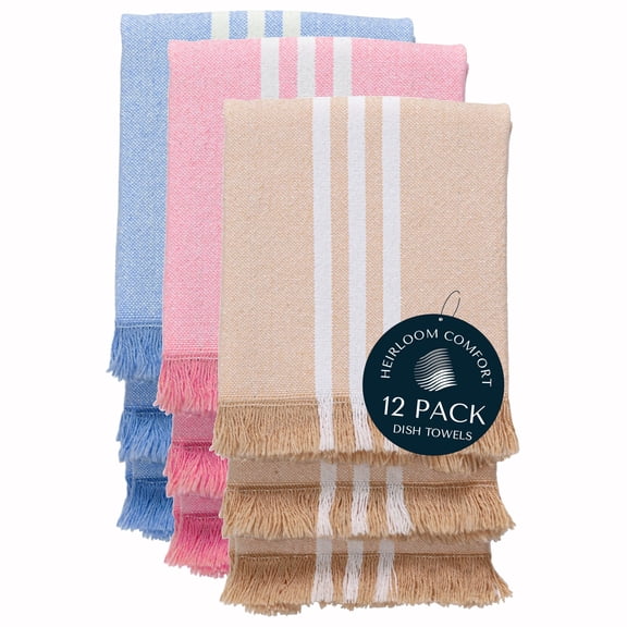 HEIRLOOM COMFORT 12 Pack Monochrome Stripe Kitchen Towels with Fringes, 16x26 Inch, 100% Cotton, Absorbent & Washable Dish Towels for Drying Dishes, Everyday Kitchen Use, Beige, Rose Pink, Sky Blue