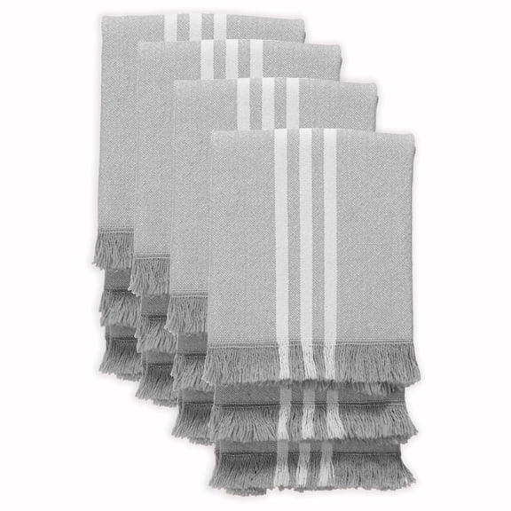 HEIRLOOM COMFORT 12 Pack Monochrome Stripe Kitchen Towels with Fringes, 16x26 Inch, 100% Cotton, Lint-Free, Absorbent & Washable Dish Towels for Drying Dishes, Everyday Kitchen Use, Dark Grey