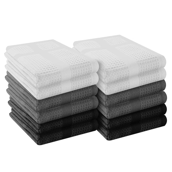 HEIRLOOM COMFORT 12 Pack Multi Color Waffle Weave Kitchen Towels, 16x26 Inch, 100% Cotton, Super Absorbent, Quick Dry, Hand Towels for Drying Dishes, Cleaning, Durable - White, Grey, Black