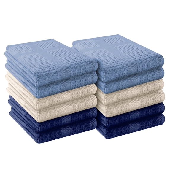 HEIRLOOM COMFORT 12 Pack Multi Color Waffle Weave Kitchen Towels, 16x26 Inch, 100% Cotton, Super Absorbent, Quick Dry, Hand Towels for Drying Dishes, Cleaning, Durable - Sky Blue, Ivory, Indigo Blue