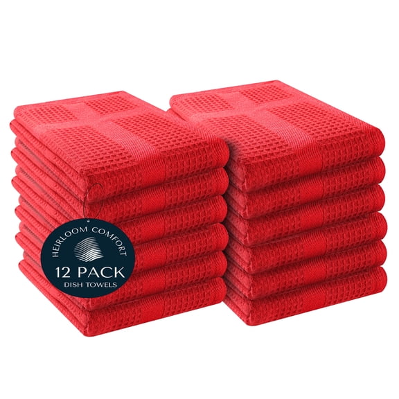 HEIRLOOM COMFORT 12 Pack Red Waffle Weave Kitchen Towels, 16x26 Inch, 100% Cotton, Absorbent Dishcloth Set, Quick Drying, Durable for Cleaning, Wiping, Drying Dishes, Machine Washable Dish Towel, Red
