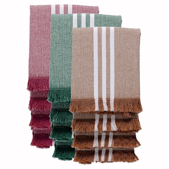 HEIRLOOM COMFORT 12 Pack Striped Dish Towels with Fringes, 16x26 Inch, 100% Cotton, Ultra Absorbent & Reusable, Quick Drying Kitchen Towels for Cleaning, Cooking, Brown, Forest Green, Burgundy Wine
