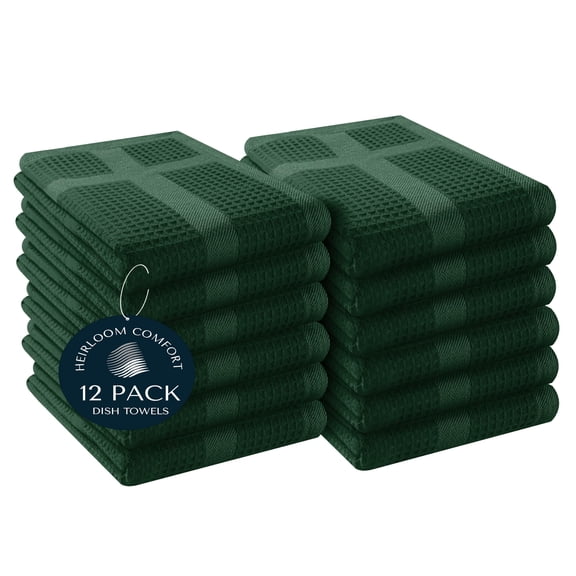 HEIRLOOM COMFORT 12 Pack Waffle Weave Kitchen Towels, 16x26 Inch, 100% Cotton, Absorbent Dishcloth Set, Quick Dry, Soft for Cleaning, Wiping, Hand Towels, Dish Rags, Wash Cloth, Durable, Forest Green