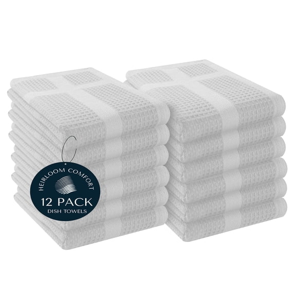 HEIRLOOM COMFORT 12 Pack White Waffle Weave Kitchen Towels, 100% Cotton, 16"x26", Super Absorbent, Quick Dry Dishcloth Set with Hanging Loop, Soft for Drying Dishes, Cleaning, Hand Towels, Durable
