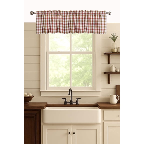 HEIRLOOM COMFORT 2 Pack Gingham Check Window Valances - 54x18 Inch, Plaid, Semi Sheer, Rod Pocket Curtains - Farmhouse Window Treatments for Kitchen, Bedroom, Living Room - Rust & Tan