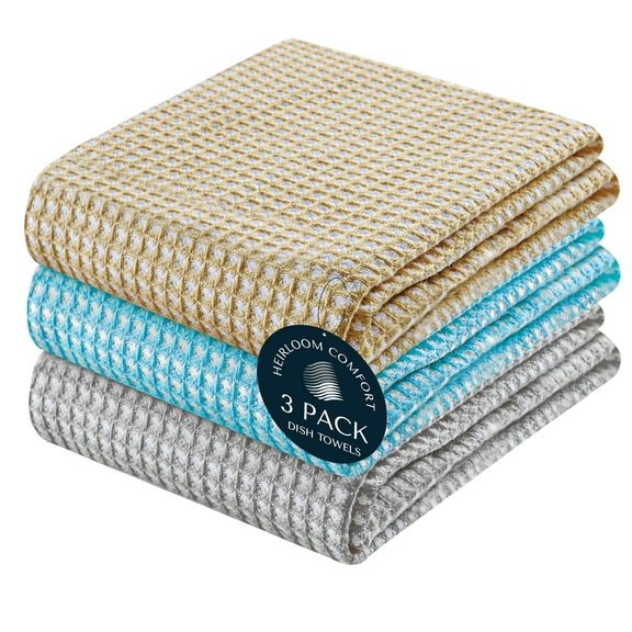 HEIRLOOM COMFORT 3 Pack 100% Cotton Multi Dual Waffle Weave Kitchen Towels, 16x26 Inch, Super Absorbent, Quick Dry Dishcloth Set, Soft Hand Towels for Cleaning, Durable - Beige, Turquiose Blue, Grey
