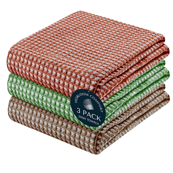 HEIRLOOM COMFORT 3 Pack 100% Cotton Multi Dual Waffle Weave Kitchen Towels, 16x26 Inch, Super Absorbent, Quick Dry Dishcloth Set, Soft Hand Towels for Cleaning, Durable - Rust, Mint Green, Brown
