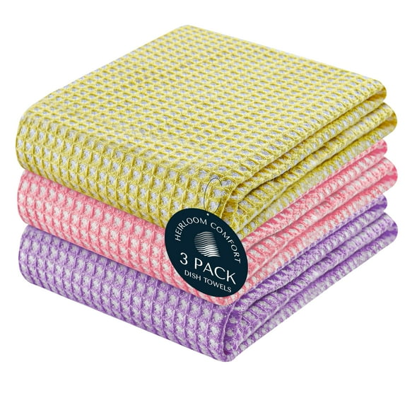 HEIRLOOM COMFORT 3 Pack 100% Cotton Multi Dual Waffle Weave Kitchen Towels, 16x26 Inch, Super Absorbent, Quick Dry Dishcloth Set, Soft Hand Towels for Cleaning, Durable - Lemon Yellow, Pink, Lavender