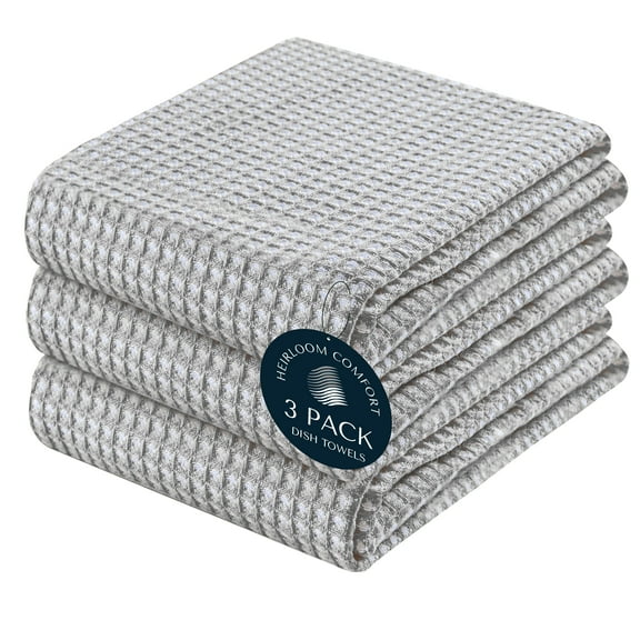 HEIRLOOM COMFORT 3 Pack Dual Reversible Waffle Weave Kitchen Towels, 16x26 Inch, 100% Cotton, Absorbent Dishcloth Set, Quick Dry, Soft for Cleaning, Wiping, Hand Towels, Dish Rags, Durable, Ash Grey
