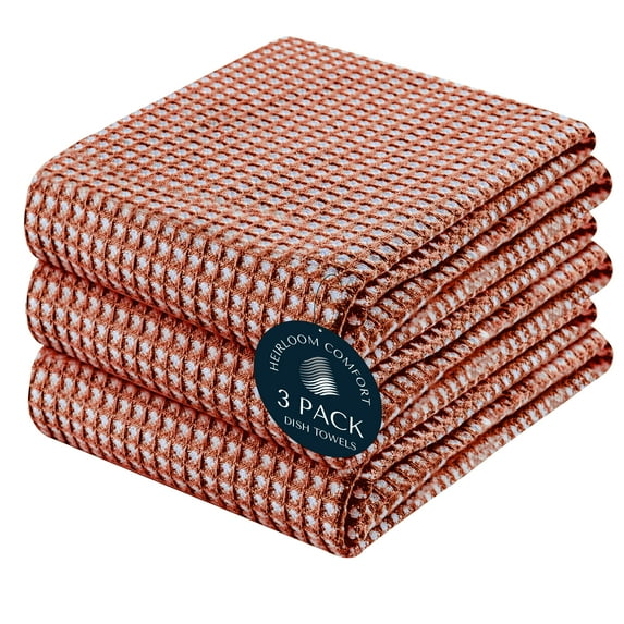 HEIRLOOM COMFORT 3 Pack Dual Tone Reversible Waffle Weave Kitchen Towels, 16x26 Inch, 100% Cotton, Absorbent Dishcloth Set, Quick Drying, Durable for Cleaning, Wiping, Machine Washable, Rust