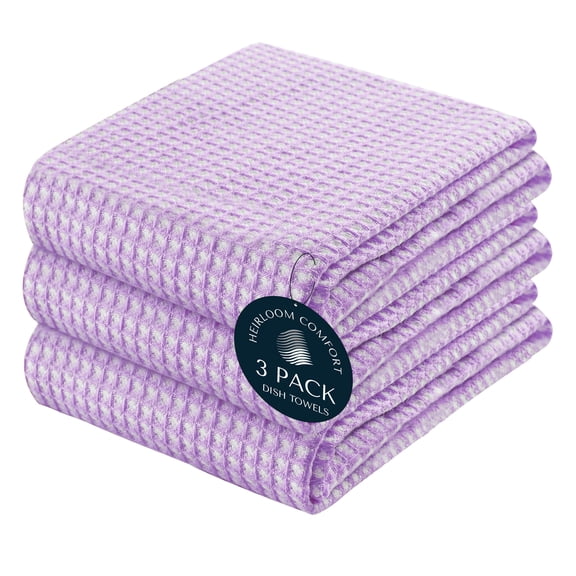 HEIRLOOM COMFORT 3 Pack Dual Tone Waffle Weave Kitchen Towels, 16x26 Inches, 100% Cotton, Reversible, Super Absorbent, Quick Dry, Durable Dishcloth Set, Soft Hand Towels for Cleaning, Lavender