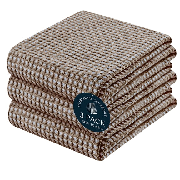 HEIRLOOM COMFORT 3 Pack Dual Waffle Weave Kitchen Towels, 100% Cotton, 16"x26", Super Absorbent, Quick Dry Dishcloth Set with Hanging Loop, Soft for Cleaning, Drying Dishes, Durable Hand Towel, Brown