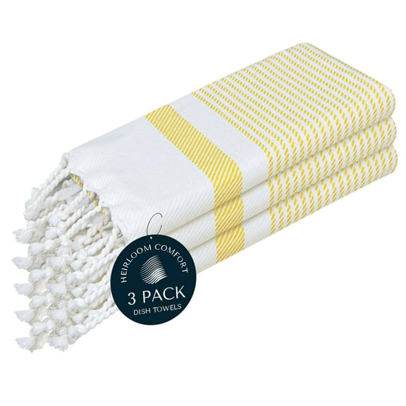 HEIRLOOM COMFORT 3 Pack Lemon Yellow Turkish Kitchen Towels 16"x26", 100% Cotton, Ultra Absorbent, Soft, Quick Dry, Washable, Dish Tea Towel with Tassels for Drying Dishes, Cleaning, Kitchen Use