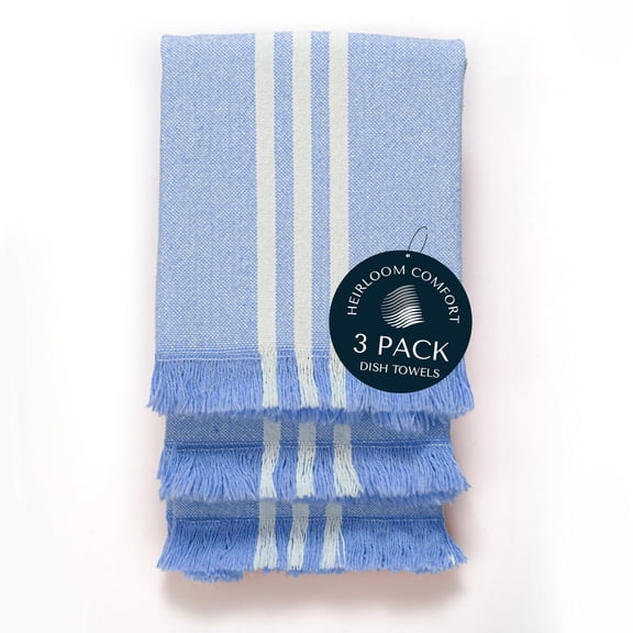 HEIRLOOM COMFORT 3 Pack Monochrome Stripe Dish Towels with Fringes, 16"x26", 100% Cotton, Absorbent & Durable, Quick Drying Kitchen Towels for Daily Cleaning, Cooking & Baking, Easy Care, Sky Blue