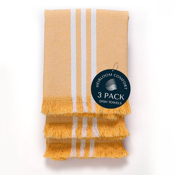 HEIRLOOM COMFORT 3 Pack Monochrome Stripe Dish Towels with Fringes, 16x26 Inch, 100% Cotton, Ultra Absorbent & Reusable, Quick Drying Kitchen Towels for Cleaning, Cooking, Drying, Mustard Yellow