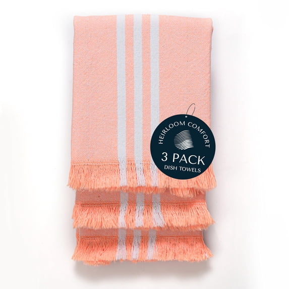 HEIRLOOM COMFORT 3 Pack Monochrome Stripe Dish Towels with Fringes, 16x26 Inch, 100% Cotton, Ultra Absorbent & Reusable, Quick Drying Kitchen Towels for Cleaning, Cooking, Drying, Easy care, Orange
