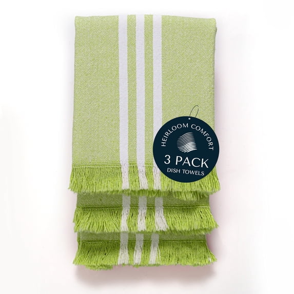 HEIRLOOM COMFORT 3 Pack Monochrome Stripe Kitchen Towels, Fringed Edges, 16x26 Inch, 100% Cotton, Lint-Free, Absorbent & Washable Dish Towels for Drying Dishes, Everyday Kitchen Use, Lemon Green